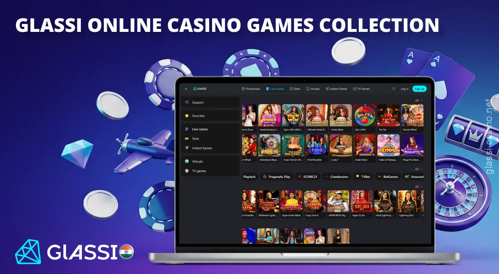 Glassi Casino हजारों खेल प्रदान करता है, जिनमें स्लॉट्स, लाइव कैसीनो गेम्स और क्रैश गेम्स शामिल हैं।