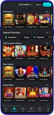 Glassi Casino ऐप में लाइव कैसीनो सेक्शन का स्क्रीनशॉट