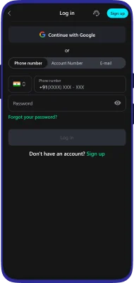 Glassi Casino एप्लिकेशन में लॉगिन का स्क्रीनशॉट