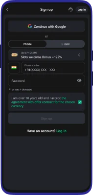 Glassi casino एप्लिकेशन में पंजीकरण का स्क्रीनशॉट