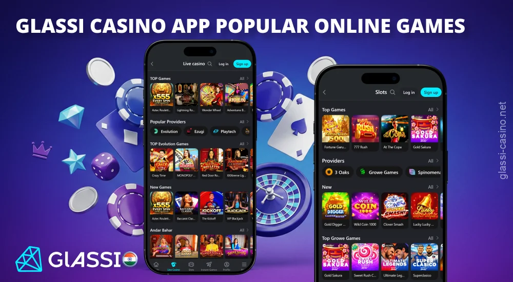 Glassi Casino ऐप हजारों मोबाइल गेम्स प्रदान करता है, जिनमें स्लॉट्स, लाइव कैसीनो गेम्स और तेज़-तर्रार इंस्टेंट गेम्स शामिल हैं।