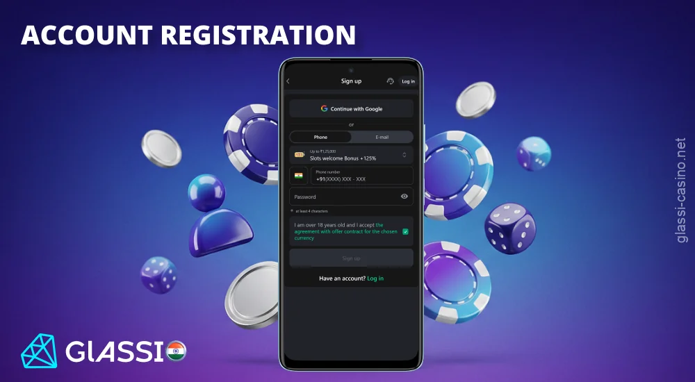 अपनी जानकारी दर्ज करके और नियमों एवं शर्तों से सहमत होकर Glassi Casino ऐप में एक खाता बनाएँ।