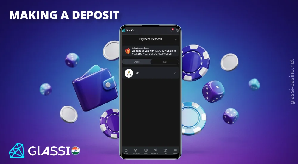 Glassi Casino ऐप में राशि दर्ज करके और भुगतान की पुष्टि करके अपना खाता टॉप अप करें।