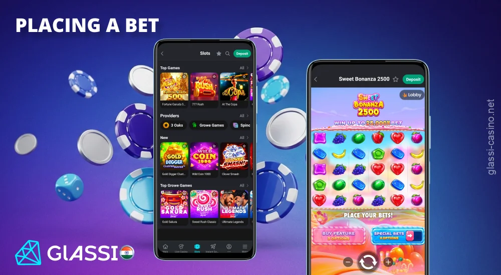 Glassi Casino ऐप में एक गेम चुनें, अपनी दांव राशि निर्धारित करें, और राउंड की शुरुआत की पुष्टि करें।