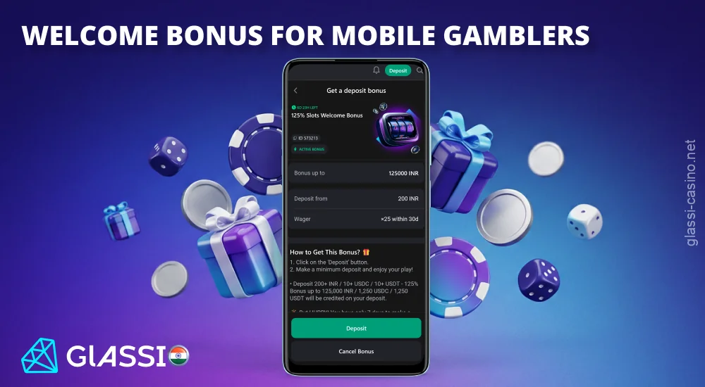 Glassi Casino मोबाइल खिलाड़ियों को स्लॉट्स, इंस्टेंट गेम्स और लाइव कैसीनो के लिए साइन-अप बोनस प्रदान करता है।